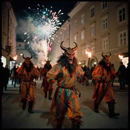 kodak portra 4 0 0, award winning dynamic photograph of a bunch of hazardous krampus by robert capas, in muted colours, striped orange and teal, motion blur, on a street in salzburg at night with colourful pyro fireworks and torches