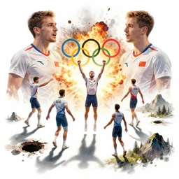 multiple close interacting human figures as olympic icons, limbs scattered, explosions, caaves, holes, mountains, trees, concept art, illustration, transparency, sss, occlusion, high contrast, very long shadows, on white