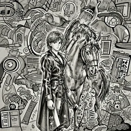 emma watson, meets the horse from berserk, highly detailed, black and white, manga, art by Kentaro Miura