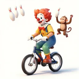 a clown riding a tricycle with a monkey juggling bowling pins