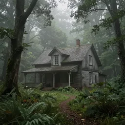 old house in ethereal lush forest with mystical ambiance and fog, desaturated, realistic, sharp focus, highly detailed, by artgerm