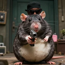[ biggie biggie as a rat ] rat!!! fat!!!! obese! gangster!!, gangster rat aiming a gun at you, barrel toward towards the screen from the new intense action film, 8 k, f 1. 8