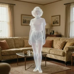 a translucent lady standing in a 1 9 7 0 s living room