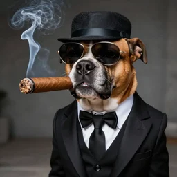 real cool photo of dog as a mafia boss, dressed in smoking, with a big fat cigar