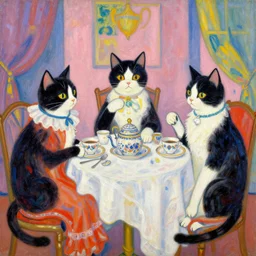 calico cat trio enjoying a fancy english tea party, painting by franz marc