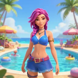 beautiful render of pool party Caitlyn (league of legends) in hawaii beach, centered, uncropped, 3d, octane render, realistic, highly detailed, Disney