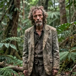 A disheveled feral psychiatrist in his natural habitat. He is in his forties and wearing a dirty torn suit. 4K, National Geographic photograph