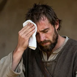 medieval peasant wiping off sweat from forehead