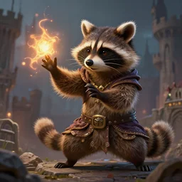 closeup 2 8 mm anthropomorphic wizard raccoon casting a spell in a castle, d & d, fantasy, intricate, action pose, particle effects, highly detailed, digital painting, artstation, concept art, matte, sharp focus, volumetric lighting, illustration, hearthstone, art by artgerm, wlop, craig mullins, alphonse mucha