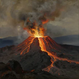 close up of a man on the brink of a volcano with flowing lava. painting by frederic edwin church