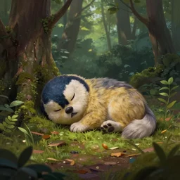 cute big dog rauque sleeping in magistral forest, 8 k resolution matte fantasy painting, cinematic lighting, deviantart artstation, jason felix steve argyle tyler jacobson peter mohrbacher