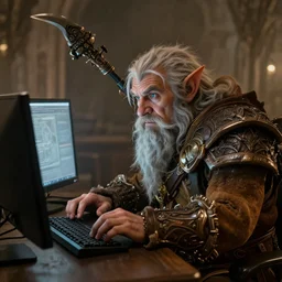 A dwarf using a computer, artwork by World of Warcraft Direction Art, detailed, dynamic, cinematic composition