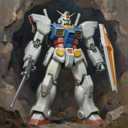 A giant mecha robot in a cave, oil on canvas