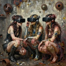junky women crouch on wall, cybertronic gadgets and vr helmet, flesh + technology, durty colours, mid shot, rotten textures, rusty shapes, biotechnology, norman rockwell, dariusz zawadzki, bruce pennington, larry elmore, oil on canvas, deep depth field, masterpiece, cinematic composition, hyper - detailed, hd, hdr