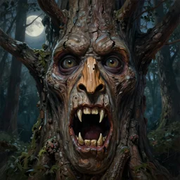 a talking oak tree, a face in the bark, nose made of wood, eyes in the bark, mouth in the bark, horror concept art, scary, sharp teeth, digital painting, oil painting, hyperrealistic, treebeard, ent, highly detailed, moonlight, very detailed eyes, artstation, cgsociety, in the forest, by alan lee, by artgerm