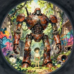 wholesome animation key shot, fish eye lens, intricate, standing under the rusty robot schwerer gustav!!!!, vines, abandoned, dappled light, colorful graffiti wall, scafolding, dandelion, ambient occlusion, studio ghibli, pixar, disney concept art watercolor illustration by craig mullins, dean cornwell, nc wyeth, satoshi kon!