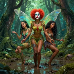 mix of beautiful dark skinned clown woman as a fairy, perfect faces, magical forest, muddy swamp, very coherent and colorful high contrast art, artstation, deviantart, digital art