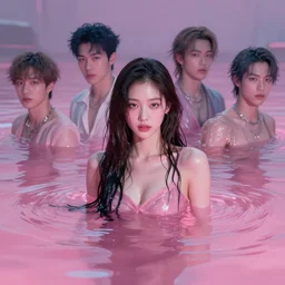 lee jin - eun emerging from pink water in cyberpunk theme by greg rutkowski, claude monet, conrad roset, takato yomamoto, james jean, rule of thirds, seductive look, beautiful