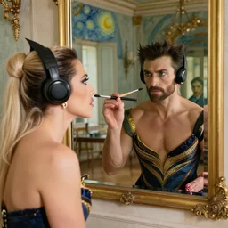 wolverine, wearing an elegant dress and high heels, uses a paintbrush to apply makeup to her face with expert precision, in front of a hall of mirrors in an old castle, while listening to lady gaga on her bluetooth headphones, as seen through the eyes of vincent van gogh