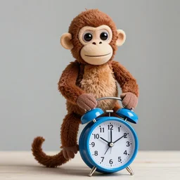 “a brown sock monkey sitting on top of a blue alarm clock, photorealistic. ”