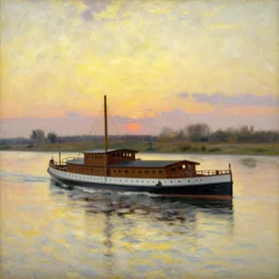a steamboat in the senna river, impressionism, oil on canvas, natural colors, horizon, golden hour, masterpiece, detailed, by gustave caillebotte, wlop, mucha, greg rutkowski