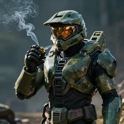 “ master chief from the game halo, smoking weed with a joint in his mouth, enjoying the weed. ”