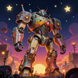 night, stars, steampunk, warm mood, giant robot in the background, many colors, colorful, all colors, highly saturated colors, greg rutkowski, fantasy, detailed illustration, hd, 4k, digital art, overdetailed art, concept art, trending on artstation