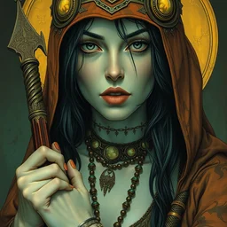 art nouveau dieselpunk portrait of only one anjelica huston as a medieval pagan witch by travis charest, moebius and mucha, sarcastic witty sly expression, painted, intricate, volumetric lighting, masterpiece, sharp focus, ultra detailed