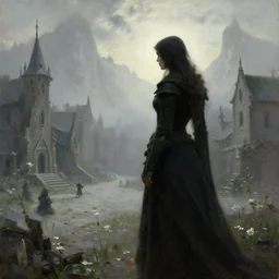 female dwarven blacksmith at the city square of the dwarven metropolis of streams and flowers, located between the mountains. oil painting by award - winning visual concept artist, gothic horror, impressionism, depth of field, backlighting, minimalism