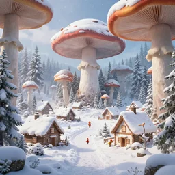snowy elf village surrounded by a giant mushroom forest, photorealistic 4k