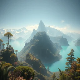 a baroque style artwork of a paradise garden mountain, a land of the dead, divine, hazy, volumetric lighting, snowy summits in the background, vast turquoise lake, lush flora, empty, spacetime bending, very detailed, serene, gold accents, washed out colors, beautiful artwork, master level composition, raytracing