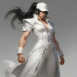 a highly detailed illustration of fierce tall muscular amazon messy ponytail black haired one armed delinquent japanese woman wearing white cap wearing long white jacket with cape, dramatic pose, muscular, intricate, elegant, highly detailed, centered, digital painting, artstation, concept art, smooth, sharp focus, league of legends concept art, wlop.
