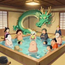 an edo - period japanese bath - house filled with wacky characters and spirits. a stunned dragon has crashed through the wooden wall. fantasy art, painting, by studio ghibli, hayao miyazaki, high resolution wallpaper, colorful painting