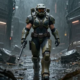 a beefy bulky female body builder warrior walking in a cyberpunk wasteland facing the camera, Inspired by Holly Tanaka from Halo 5, mjolnir armor from halo infinite without a helmet!!!!!!!!!!!!!!!!!!!!!!!!!, intricate, female face features!!!!!!!!!!!!!!!!!!!!!!!!!!!!!!!, 8K, octane render, Digital painting, concept art, illustration, sharp focus, centered, good value control, realistic shading, rational painting, a rainy night, water, wet, rain, rainstorm, rubber undersuit