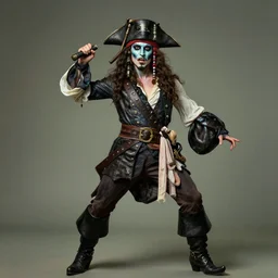a pirate with iridescent skin, irridescent shark colored makeup, her stance is Swashbuckling, art by courbet