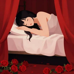 close - up shot of a lonely woman lying in her bed, surrounded by red curtains, red roses on the ground. intricate, dark enlightenment, love, clean cel shaded vector art. shutterstock. behance hd by lois van baarle, artgerm, helen huang, by makoto shinkai and ilya kuvshinov, rossdraws, illustration, art by ilya kuv