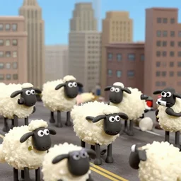 sheeps invading new york city in the style of aardman shaun the sheep claymation