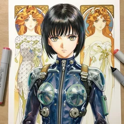 a copic maker realistic manga portrait by yoshiyuki sadamoto and lois van baarle and alphonse mucha of an anime girl highly detailed eyes wearing a latex pilot suit lots of zippers, pockets, synthetic materials, by issey miyake and balenciaga 8 k
