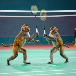 two monkeys playing badminton