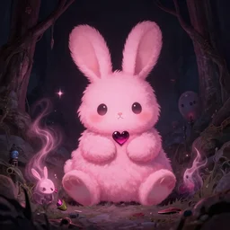 old - school dark fantasy art, cute fluffy pink soul - eating bunny