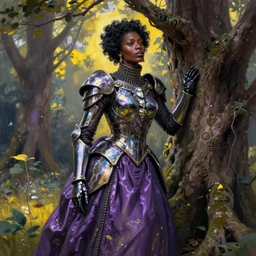 hyperrealistic victorian super expressive! black woman with exoskeleton armor, merging with tree in a forest, highly detailed digital painting masterpiece smooth brad kunkle hannah yata dramatic pearlescent purple yellow light ground angle hd 8k sharp focus