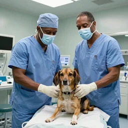 Dr. Dre in surgeon scrubs in an emergency room, treating Snoop Dogg and his dog.