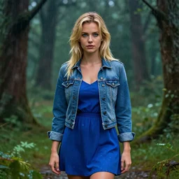an insanely detailed realistic depiction of beautiful haley from stardew valley standing in the rainy forest wearing blue dress under blue denim jacket, blonde hair, pretty blue eyes, in the style of peter mohrbacher, artgerm, dramatic lighting and composition, octane render, trending on artstation, concept art 8 k