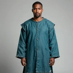 an award - winning photo of a ancient male model wearing a plain baggy teal distressed medieval designer menswear cloth jacket slightly inspired by medieval armour designed by kanye west, 4 k, studio lighting, wide angle lens