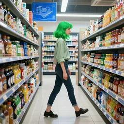 green haired woman walking through super market, in the style of Greg Broadmore and Arthur Rackham and Moebius, trending on artstation, light lighting side view,digital art,surrealism ,macro,blueprint ,vaporwave ,