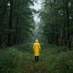 super epic realistic nature photo trending on instagram with lonely person in yellow raincoat standing in the middle