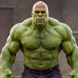 a still portrait of a green dwayne johnson as a bald green all over incredible hulk, cinematic, shallow depth of field