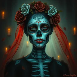 portrait, day of the dead girl by petros afshar, hyper real, laurie greasley, jc leyendecker and singer sargent