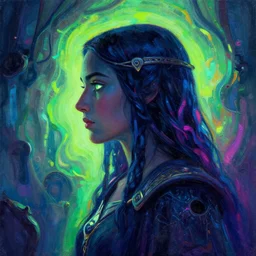 side portrait, maya ali, sorcerer, gloomhaven, organic painting, neon color, hard edges, luminescent, octane render, by greg manchess, huang guangjian, gil elvgren, sachin teng, greg rutkowski, jesper ejsing, rhads, ilya kuvshinov, cushart krenz