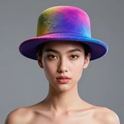 full portrait of a post modern fashion model with an exuberant neo bio hat, colorful, beautiful latino face, octane render, vray, detailed, halftoned, editorial illustration, matte print, grainy light, ( ( dither ) ), risograph, high contrast, screen print, grainy texture
